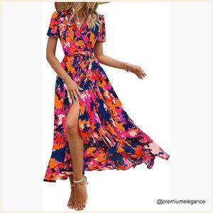 Boho Floral Maxi Dress Wrap V Neck Short Sleeve Summer Beach Wedding Guest